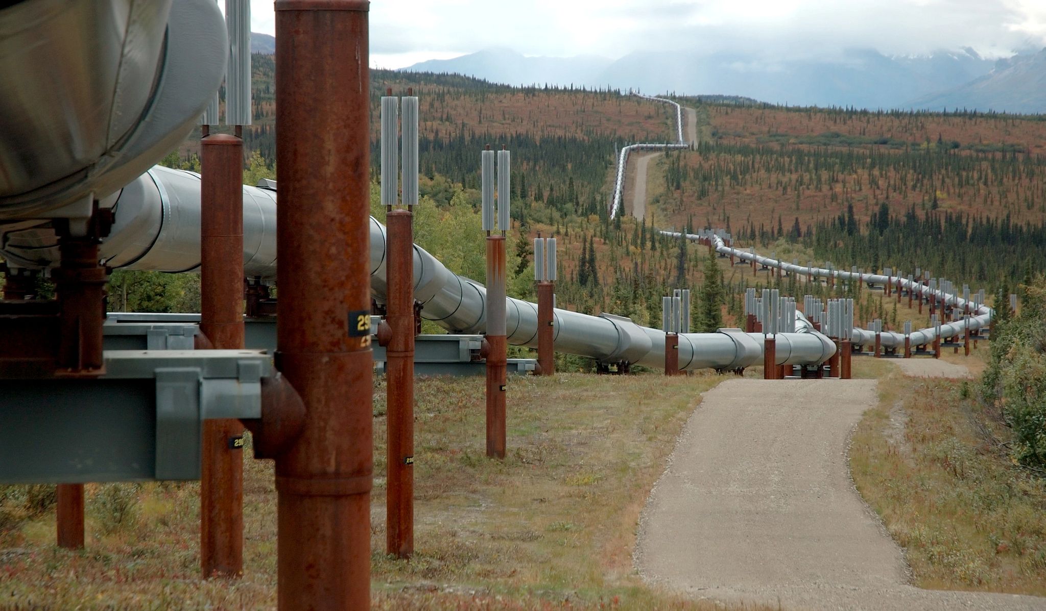 oil pipeline Alaska Trans-Alaska gas petrol petroleum fuel pipe tube fall reserves mountains, stock