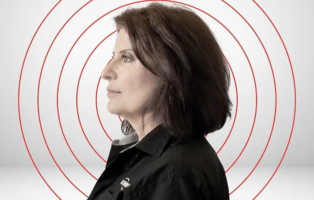 Content Woman on a Radial Grid Background