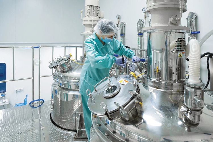 pharmaceutical factory chemical industry manufacture pharmacology company work scientist laboratory technology science tablet pills medical production equipment drugs efficiency engineering research machine concept plant safety chemistry patent sterile maintenance cure environment medicine healthcare protective workwear quality control sterilization aluminium metal box stainless steel medication medicament futuristic health care biochemistry container