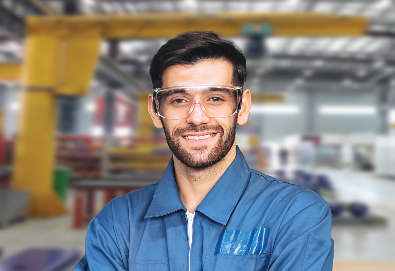 safety glasses, engineer, machinist, smiling, lam