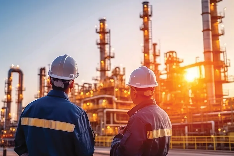 Refinery engineers in front of oil and gas plant