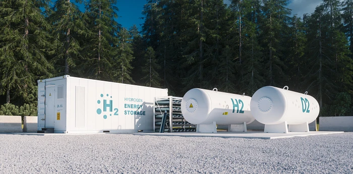Hydrogen storage tanks and a rectangular container with the words H2, O2, and hydrogen energy storage.